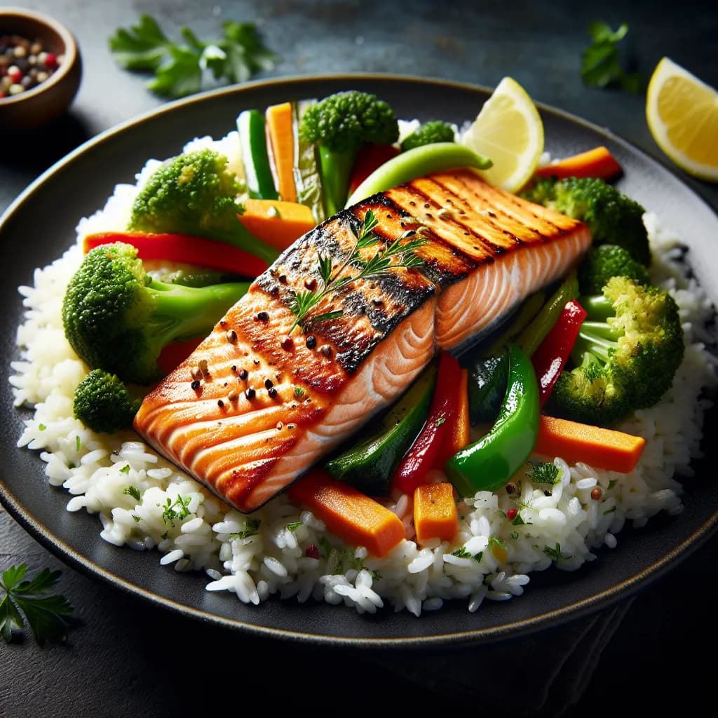 Reis mit Lachs und Gemüse
