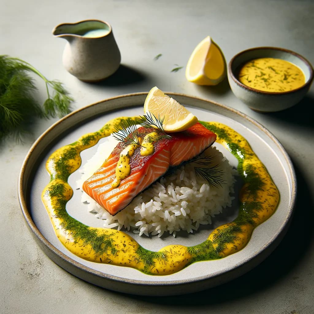 Reis mit Lachs und Zitronen-Dill-Sauce