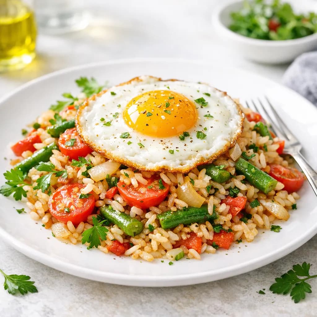 Reispfanne mit Tomaten, Zwiebeln, Bohnen und Spiegelei