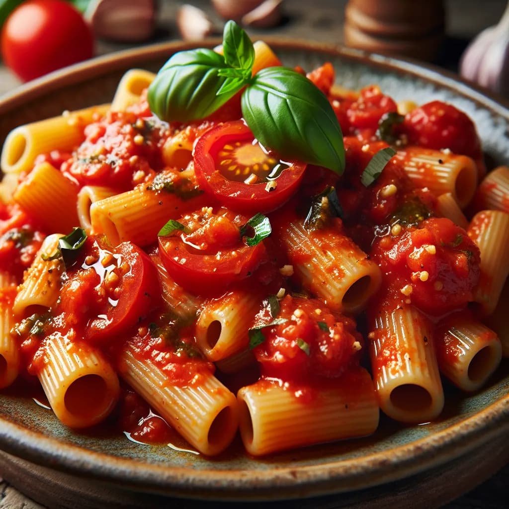 Rigatoni con Salsa al Pomodoro Crudo Olio Aglio e Basilico
