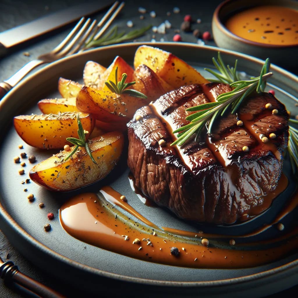 Rindersteak mit frittierten Rosmarin Bratkartoffeln und scharfer Curry Sauce