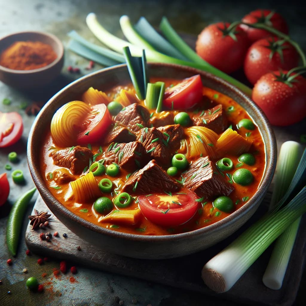 Rindfleisch Curry mit Porree und Tomaten