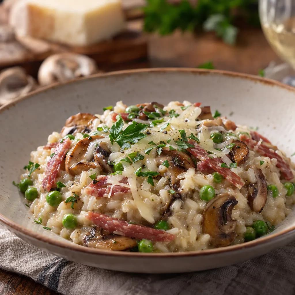 Riso mantecato ai funghi con salame e Asiago