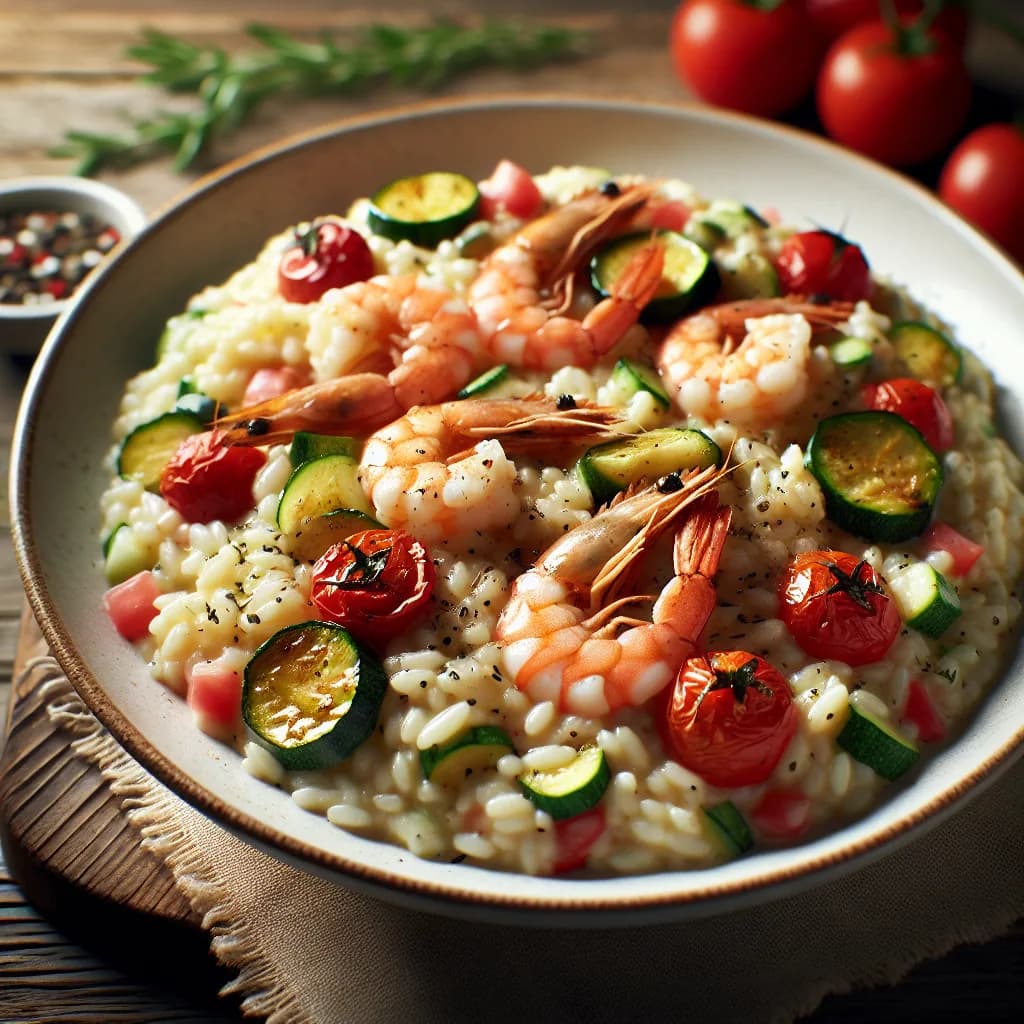 Risotto aux crevettes, courgettes et tomates