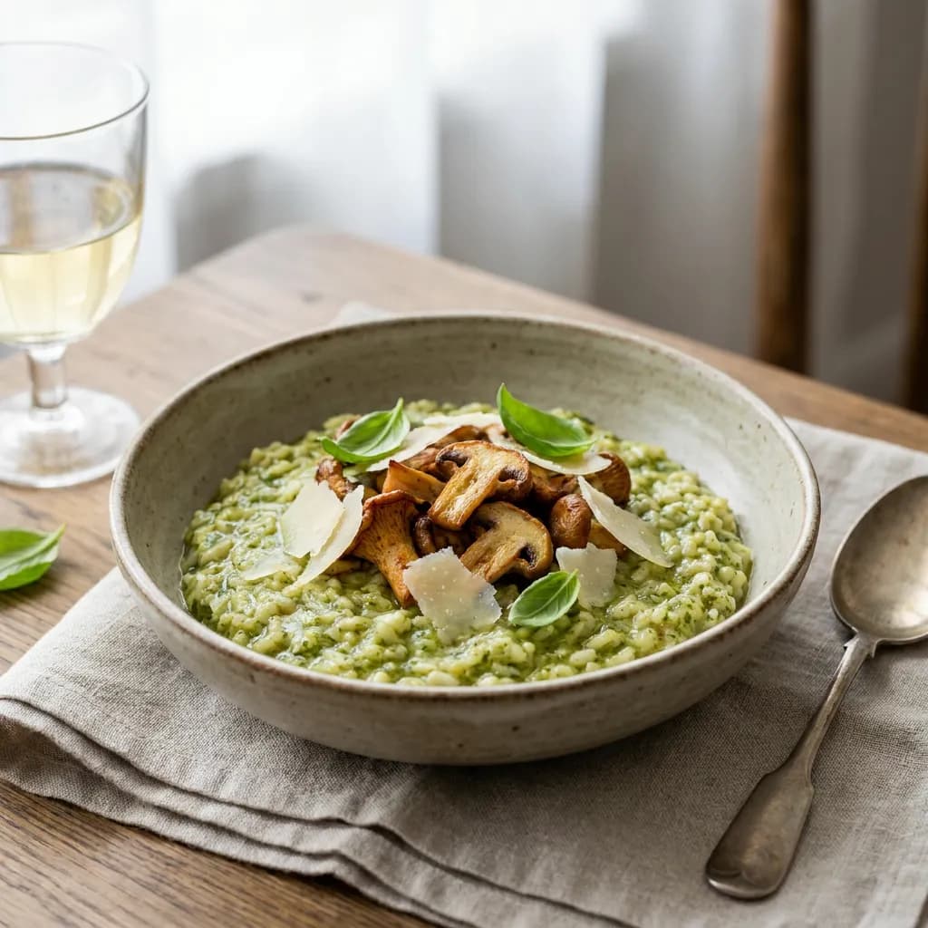 Risotto clásico de pesto, champiñones y parmesano
