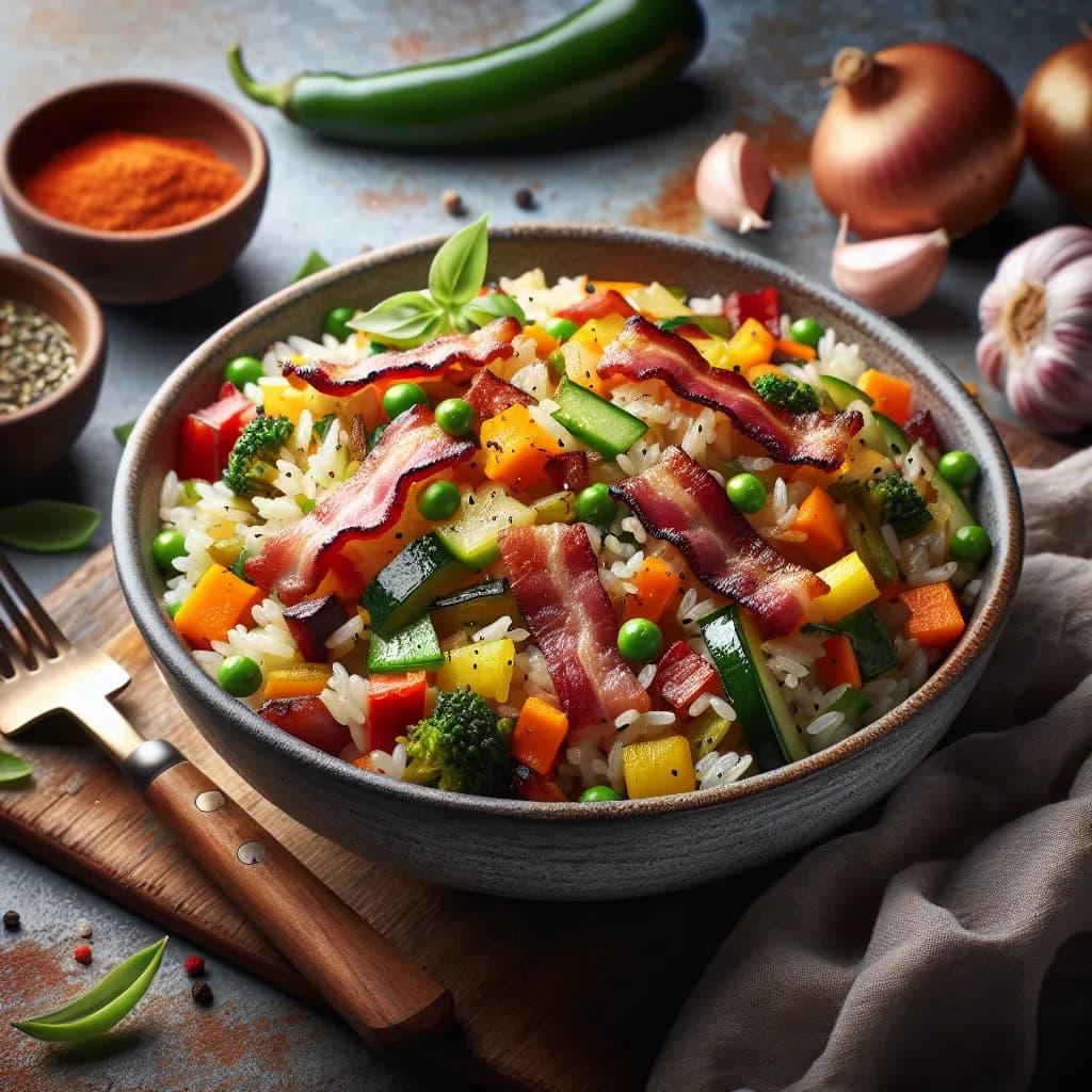 Riz Sauté aux Légumes et Lardons