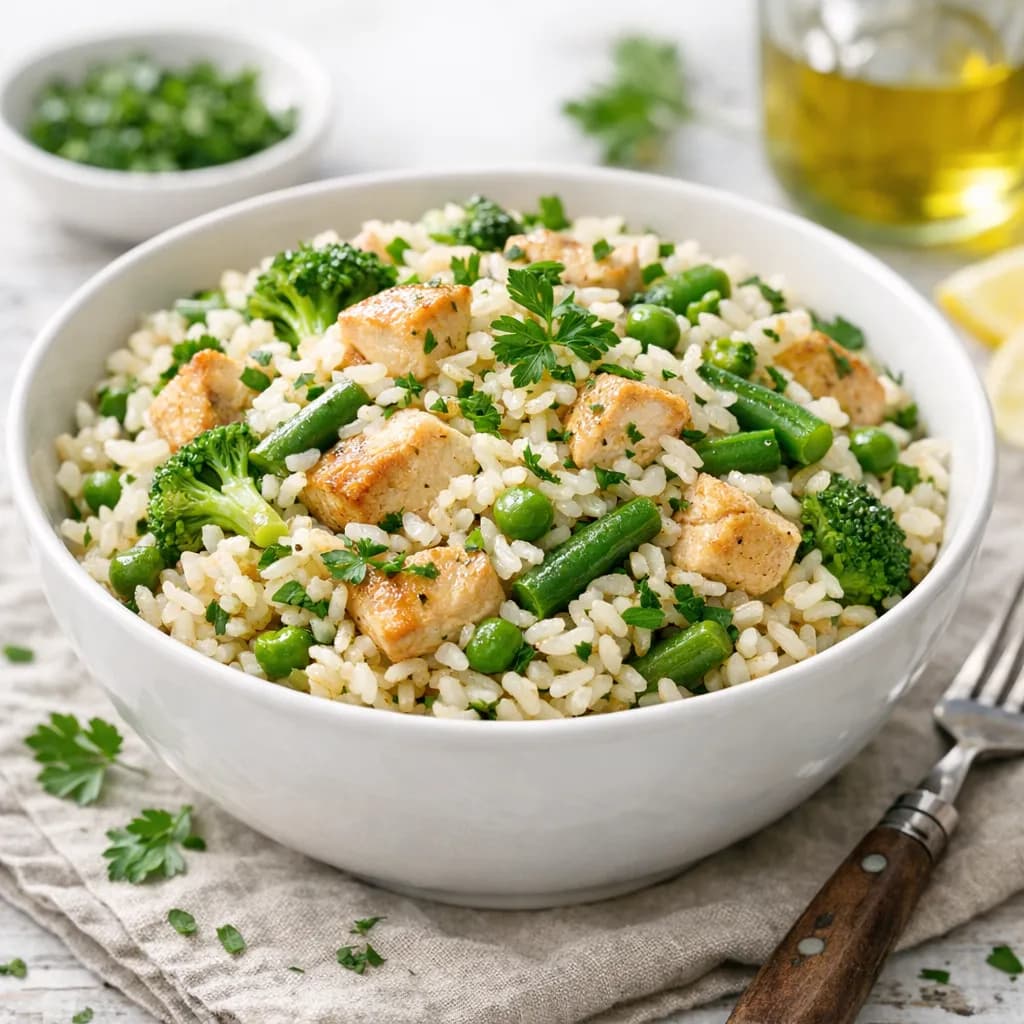 Riz pilaf au poulet et légumes verts