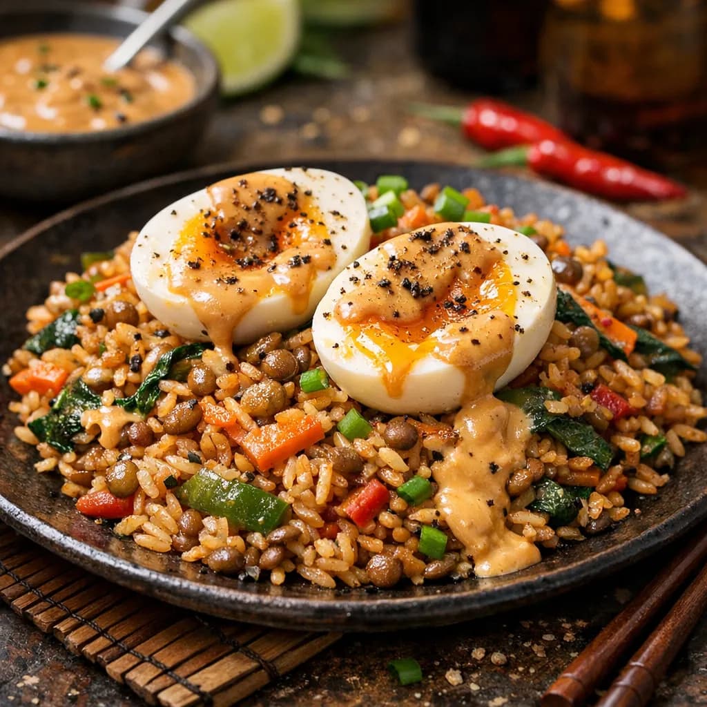 Riz sauté épicé aux lentilles, légumes et œufs mollets, sauce cacahuète