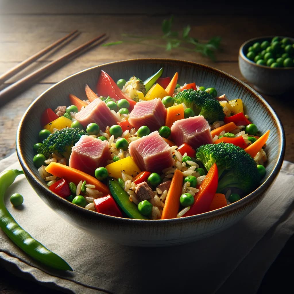 Riz sauté aux légumes et thon