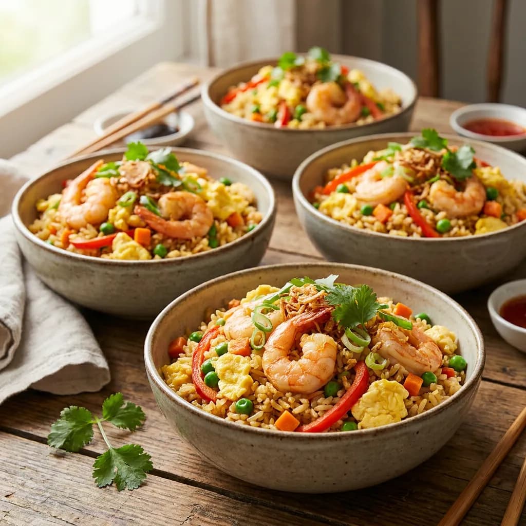 Riz sauté complet aux crevettes, œufs et légumes