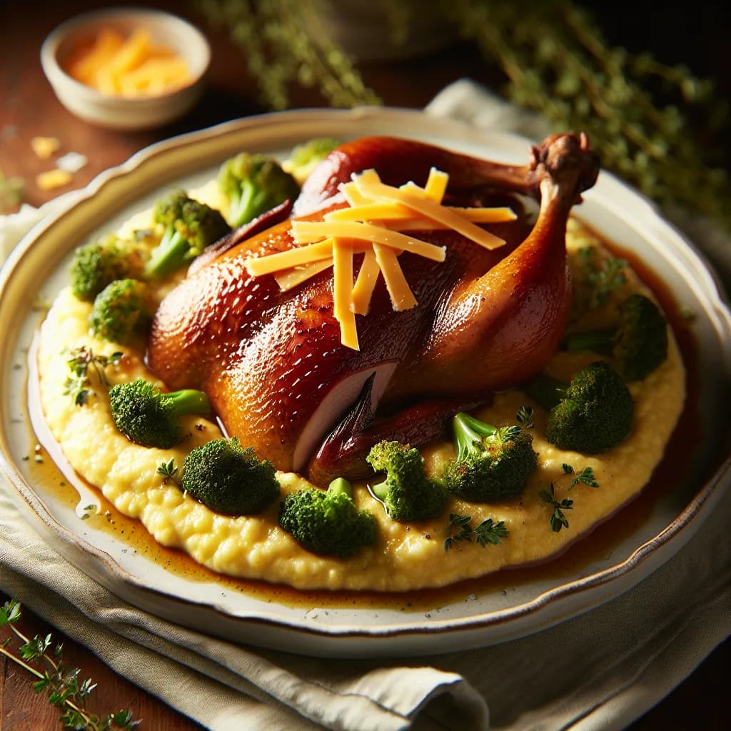 Roasted Duck with Broccoli Cheddar Grits