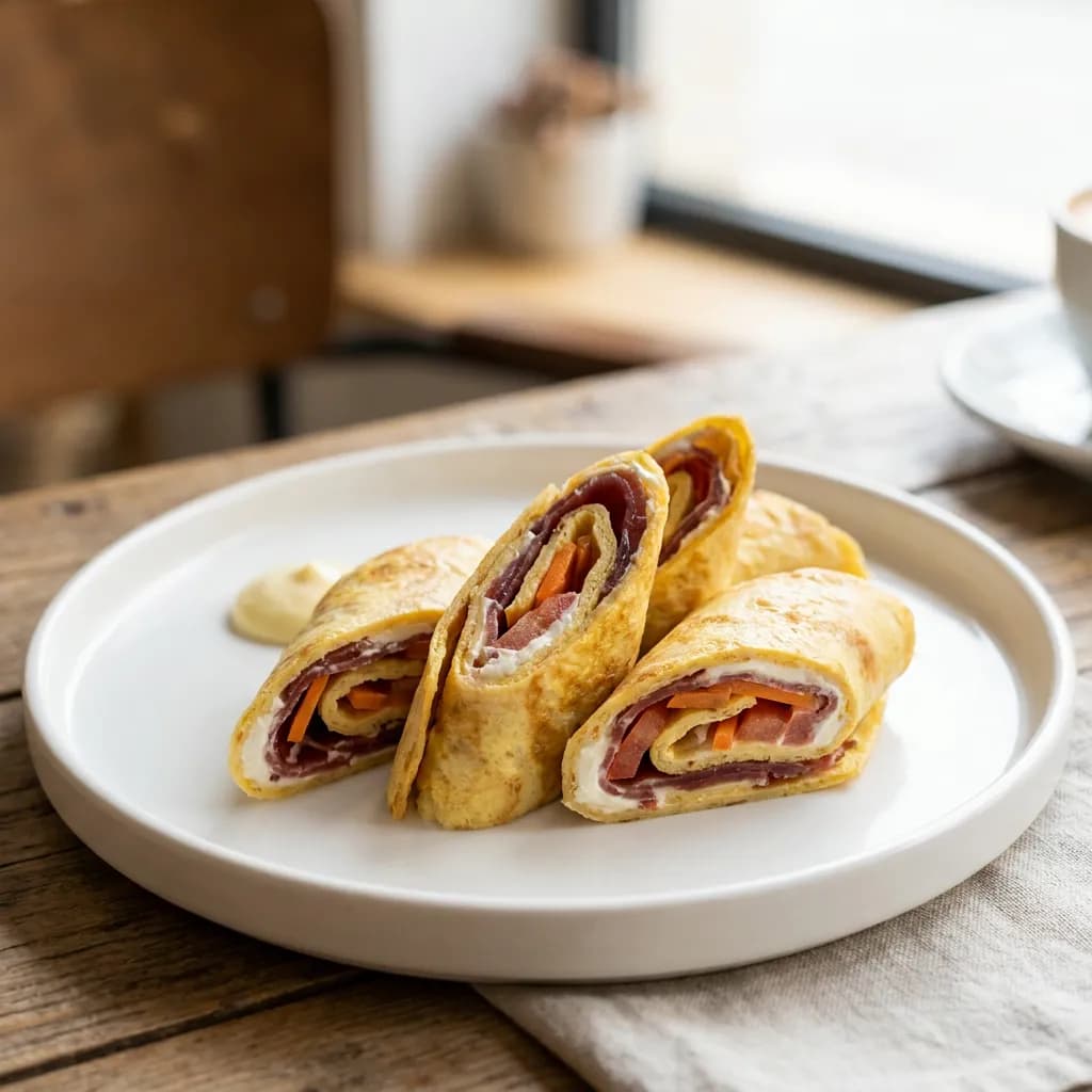 Rollitos de tortilla con jamón ibérico, huevo y Philadelphia