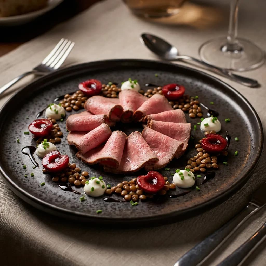 Rosetón de ternera con lentejas, cerezas y crema de queso fresco