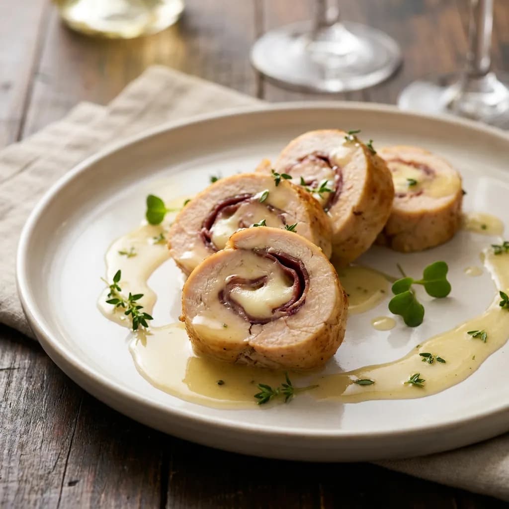 Roulade de pollo con manchego y jamón ibérico, salsa de vino blanco