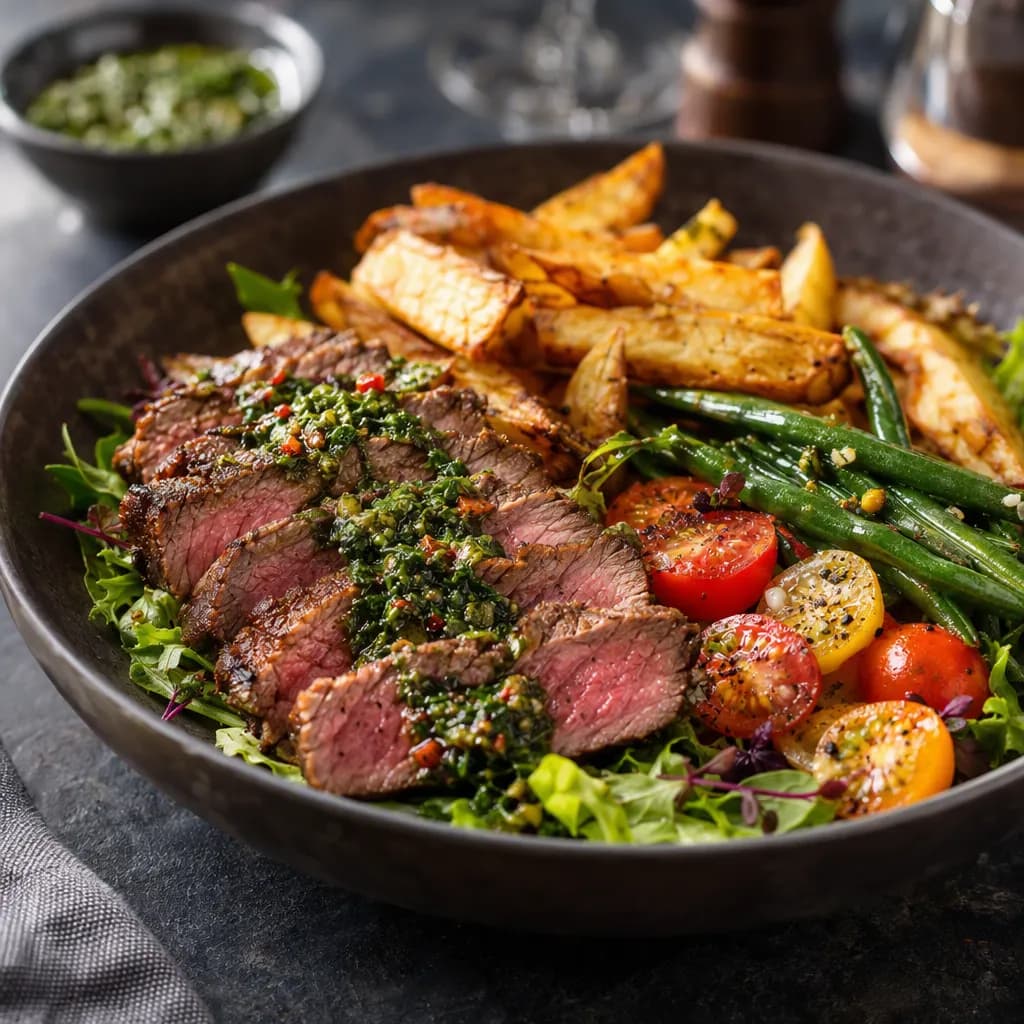 Salade tiède de picanha au chimichurri, frites rustiques et légumes croquants