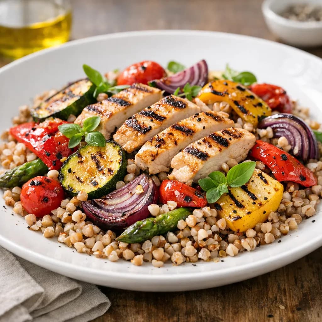 Salade tiède de sarrasin, poulet et légumes grillés