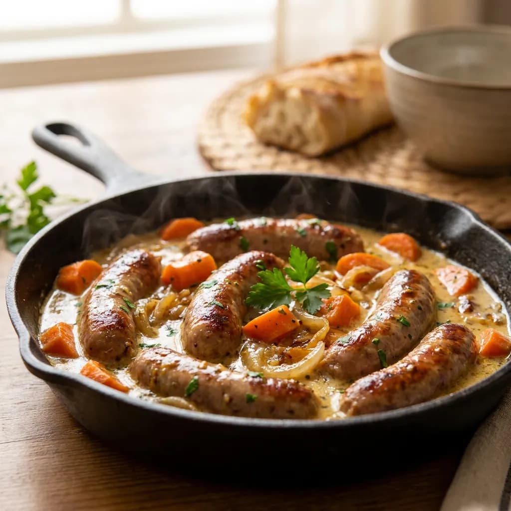 Salchichas en salsa cremosa de mostaza con zanahorias