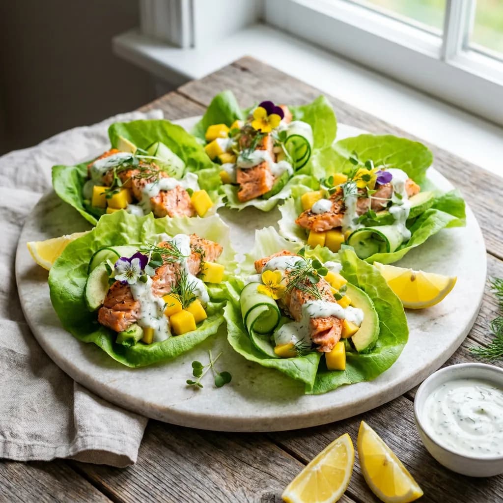 Salmon Lettuce Wraps with Lemon Yogurt and Mango