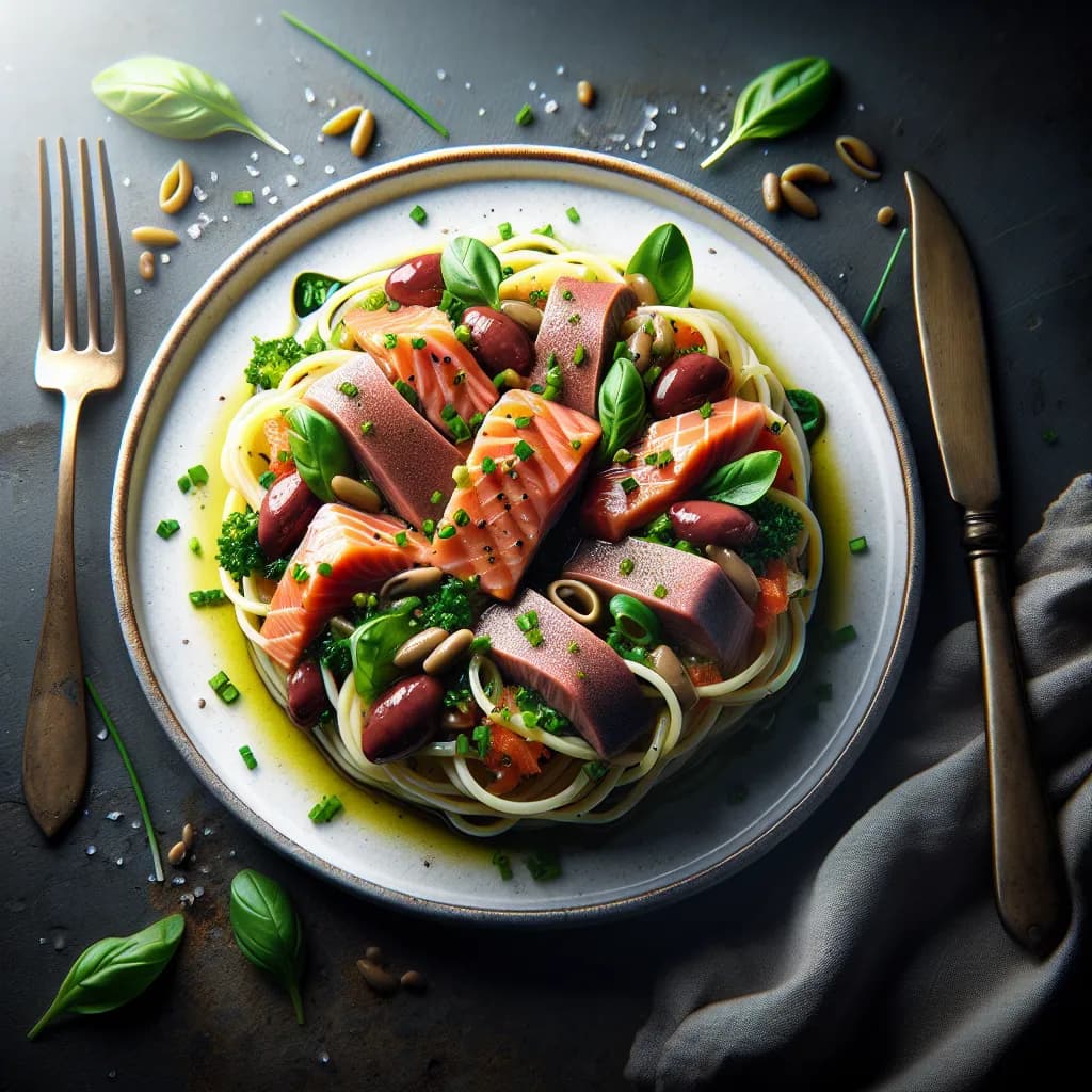 Salmon and Liver Salad with Spaghetti
