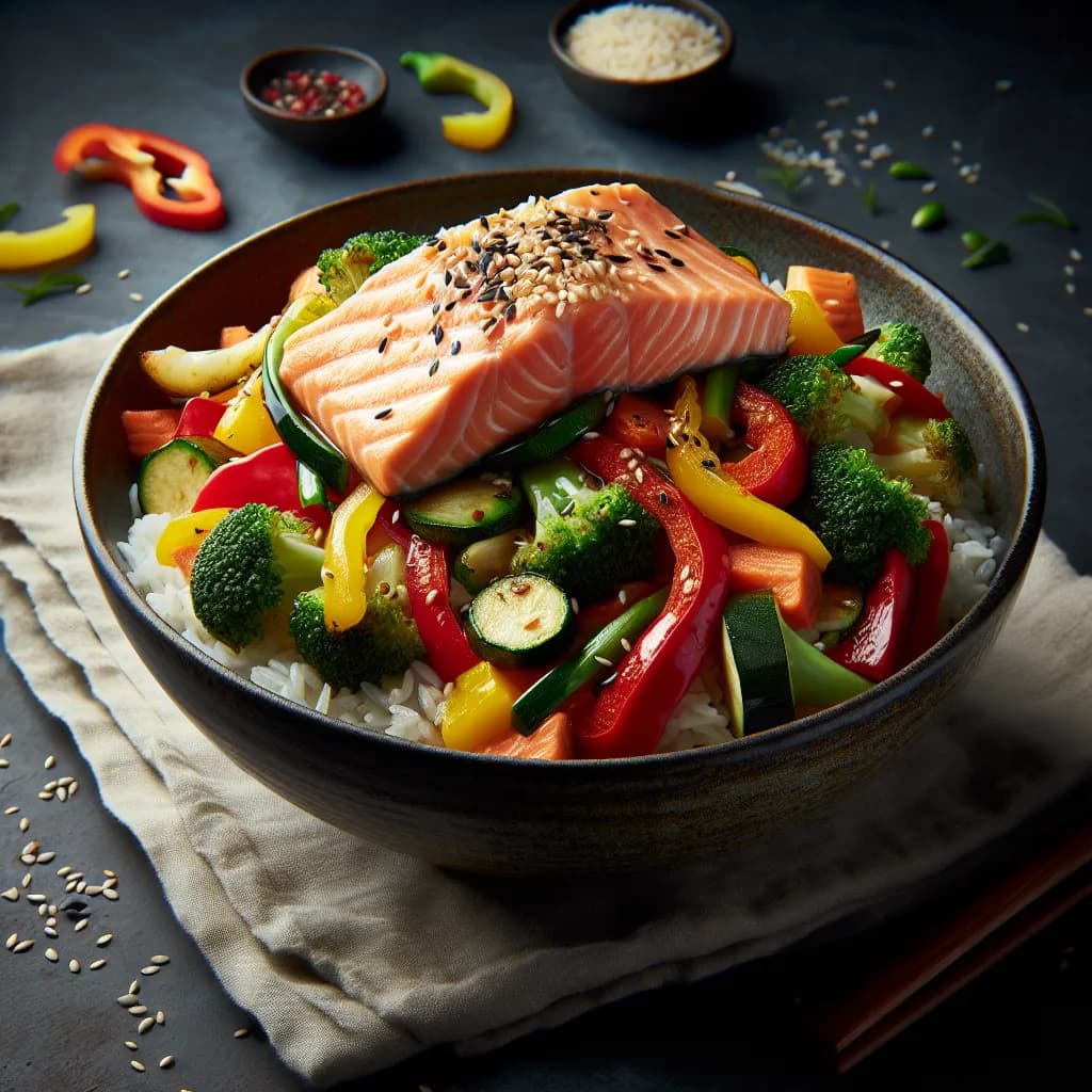 Salmon and Vegetable Stir-Fry with Rice