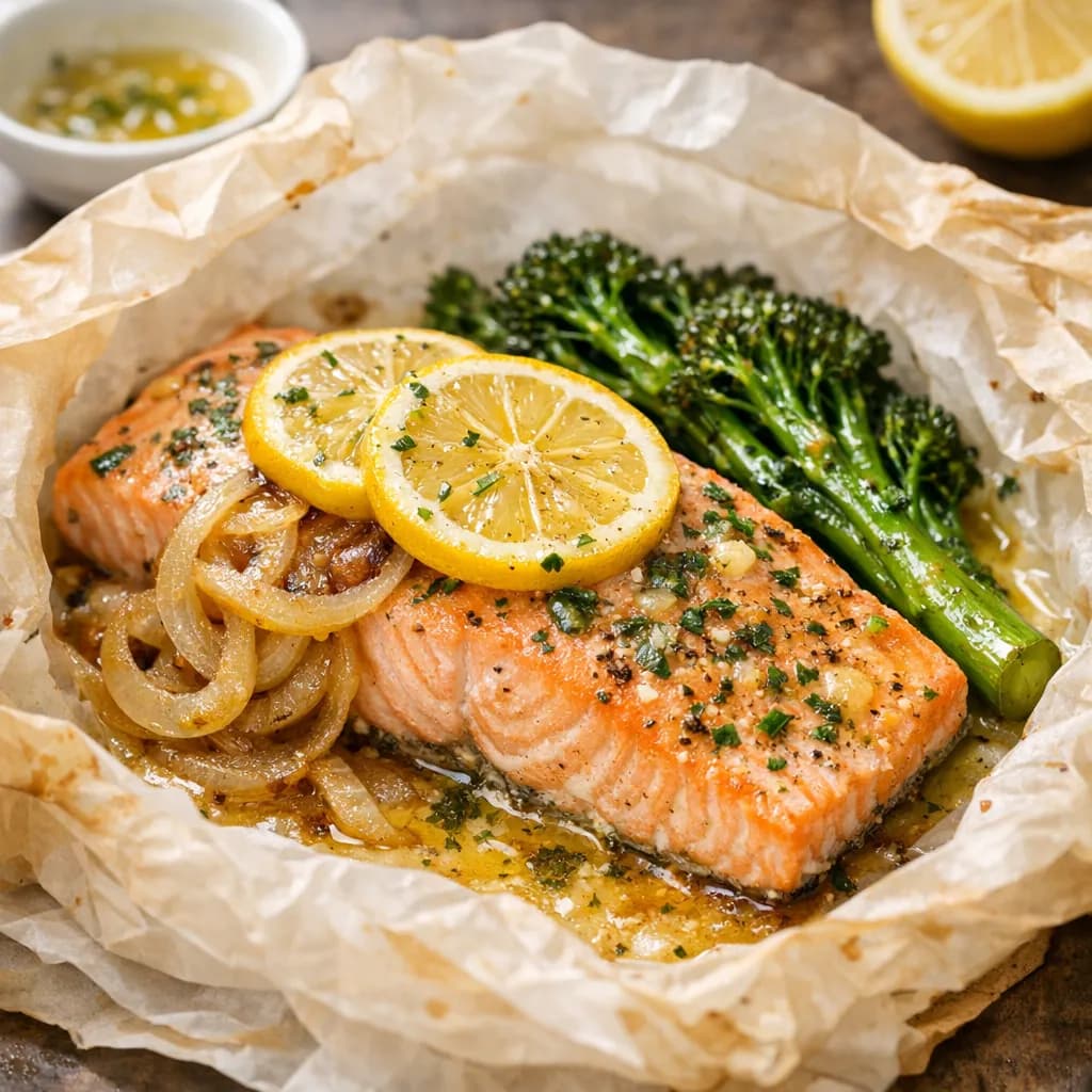 Salmon en Papillote with Lemon, Onion, and Broccolini