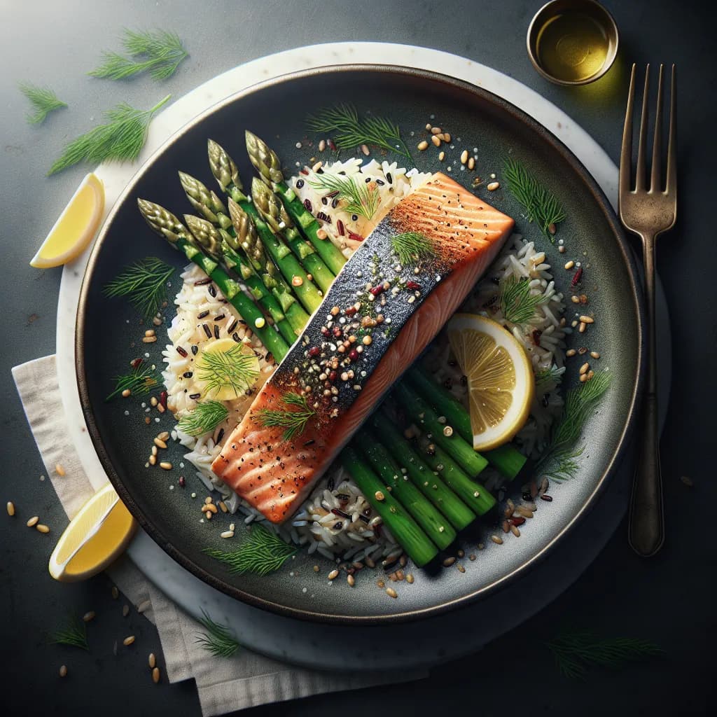 Salmon with Asparagus and Wild Rice