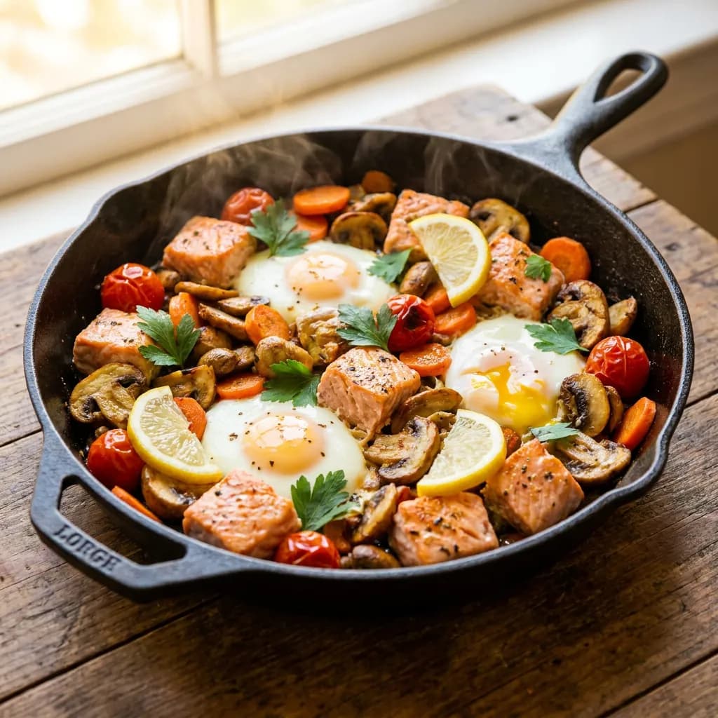 Salmon, Mushroom and Tomato Egg Skillet