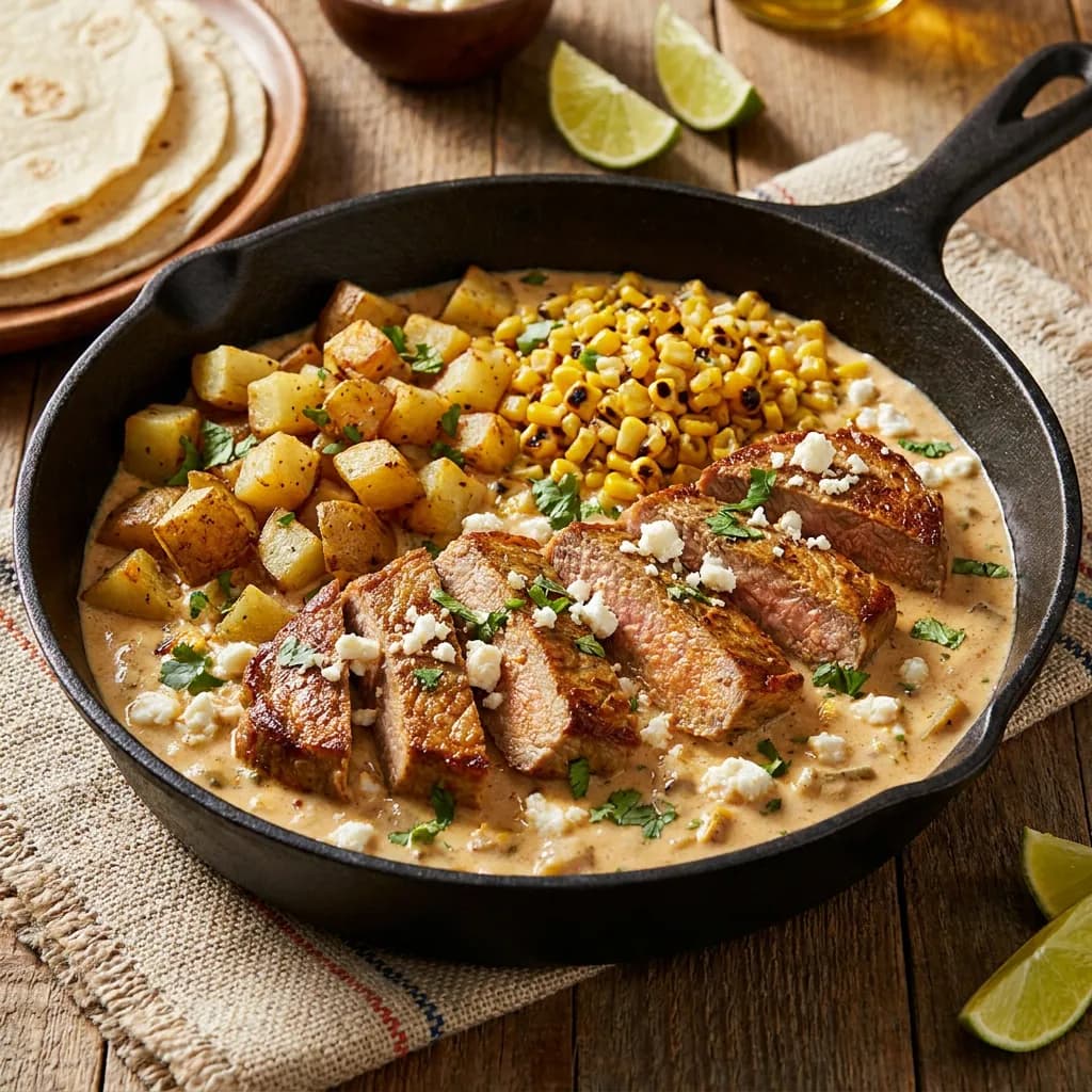 Sartén cremosa de bistec, papas y elote