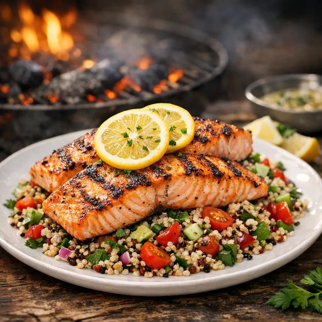 Saumon mariné au four à charbon et salade de quinoa