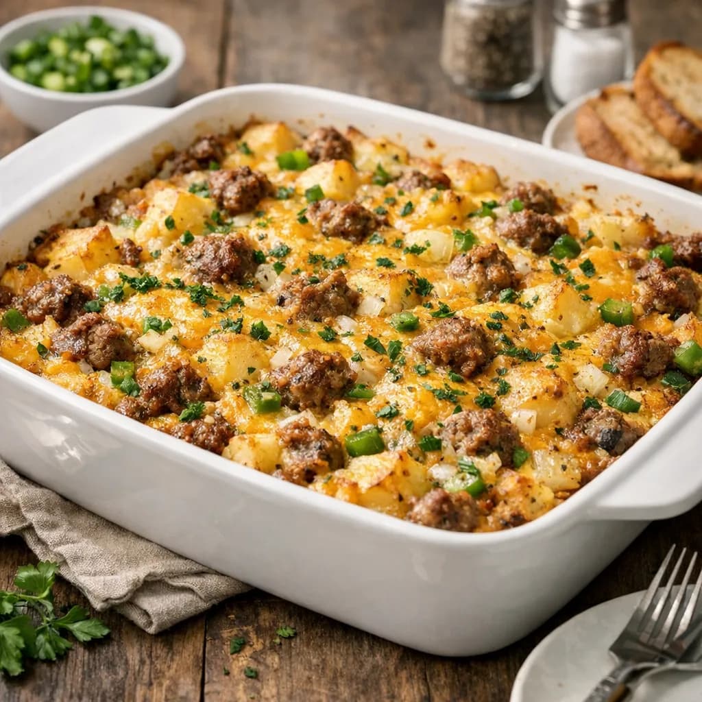Sausage, Potato & Cheddar Breakfast Casserole