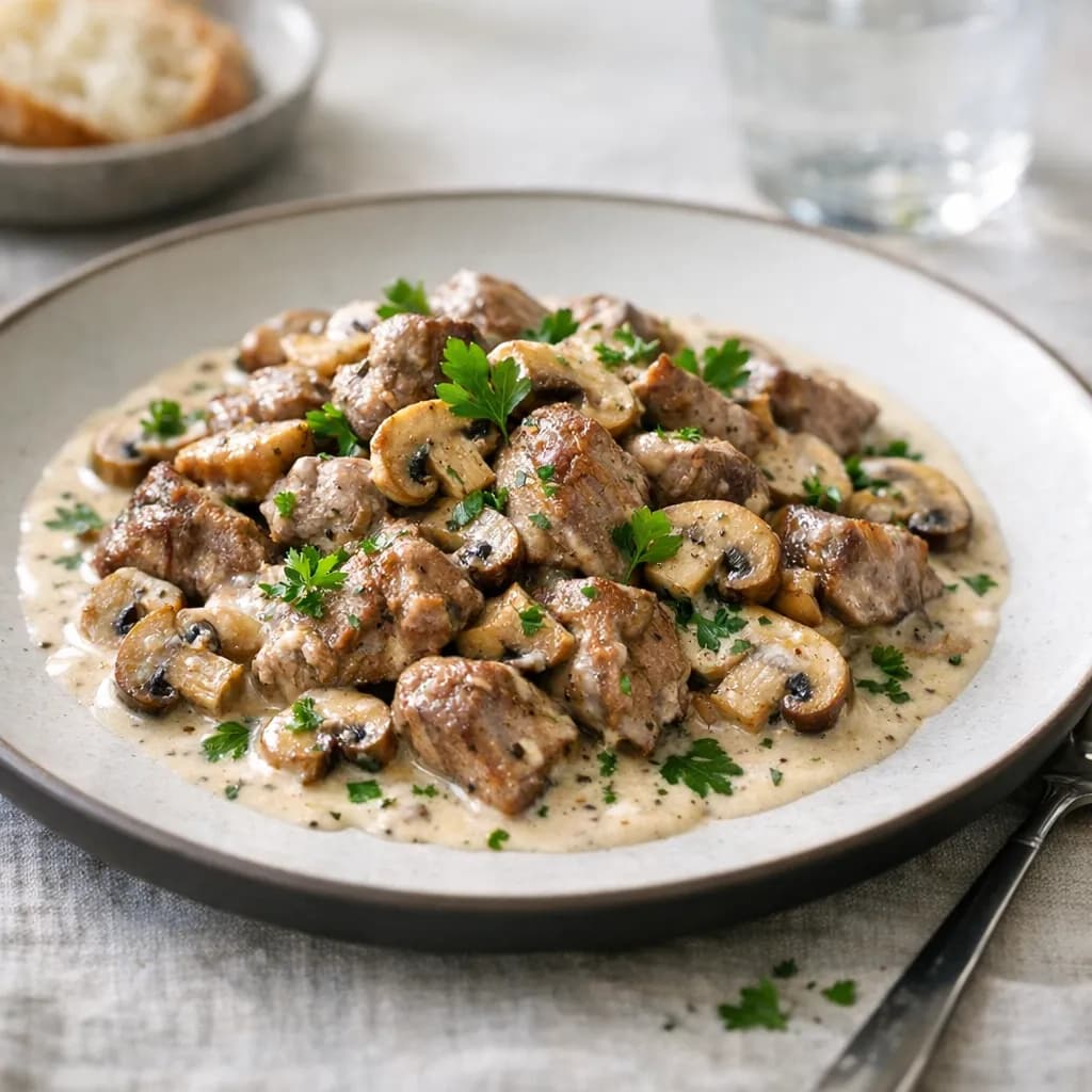 Sauté d'agneau aux champignons et crème légère