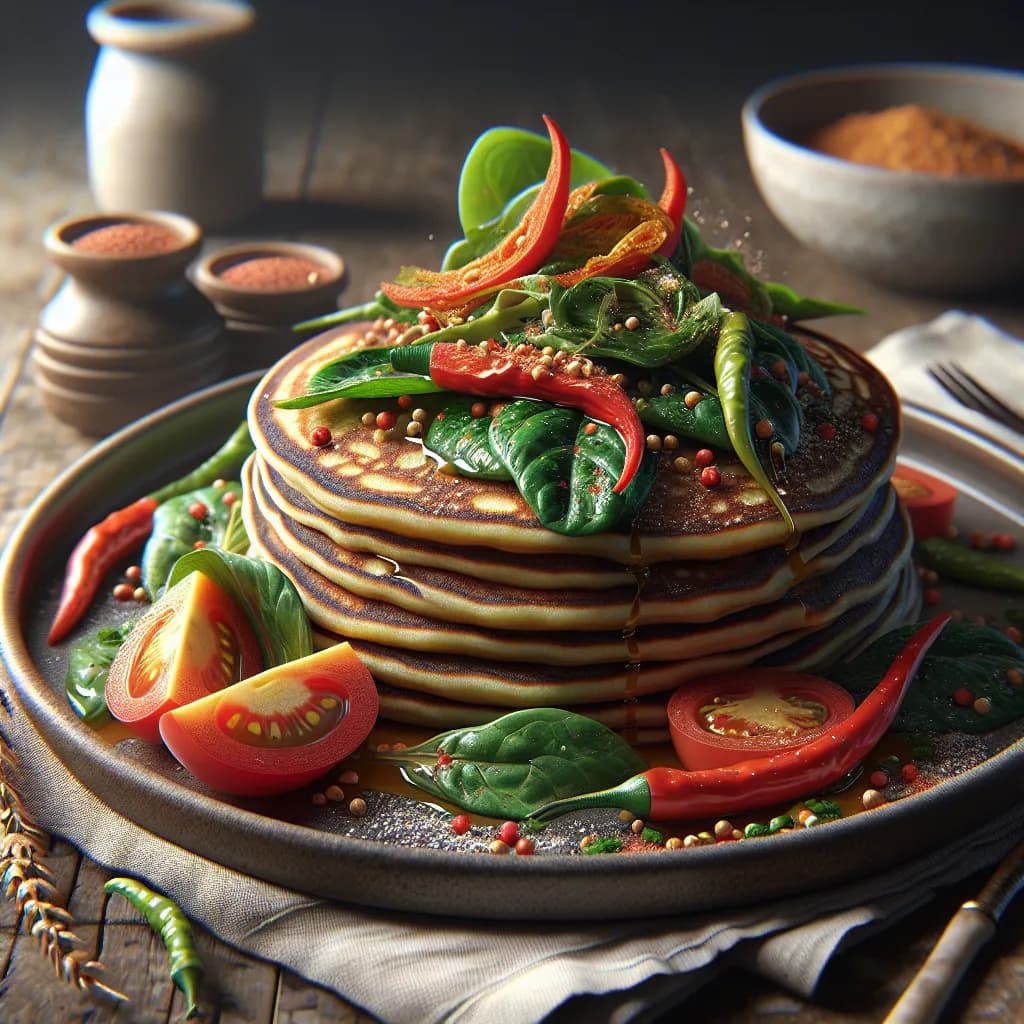 Savory Breakfast Wheat Pancakes with Tomato and Leafy Greens
