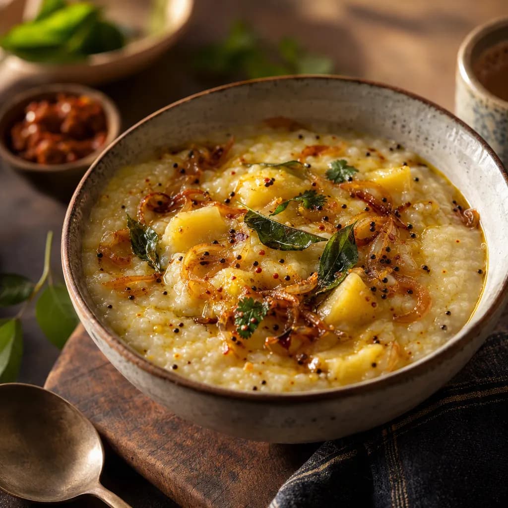 Savory Curry Leaf Potato and Rice Flour Porridge