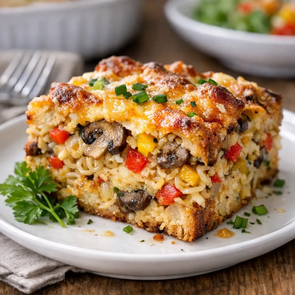 Savory Ramen Bread Strata with Mushrooms and Bell Peppers
