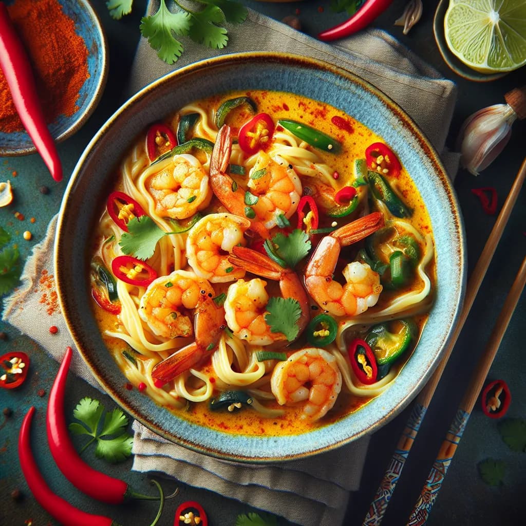 Scharfe Garnelen-Kokos-Curry-Nudeln
