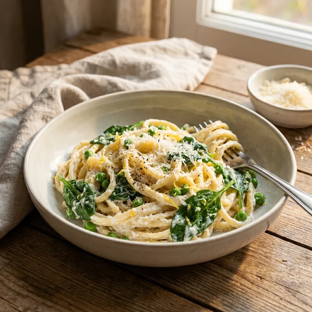 Schnelle Zitronen-Ricotta-Pasta mit Spinat und Erbsen