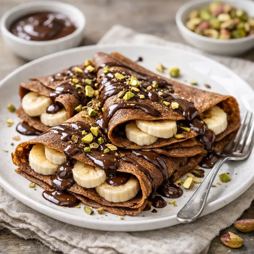 Schokoladen-Crêpes mit Bananen und Pistazien
