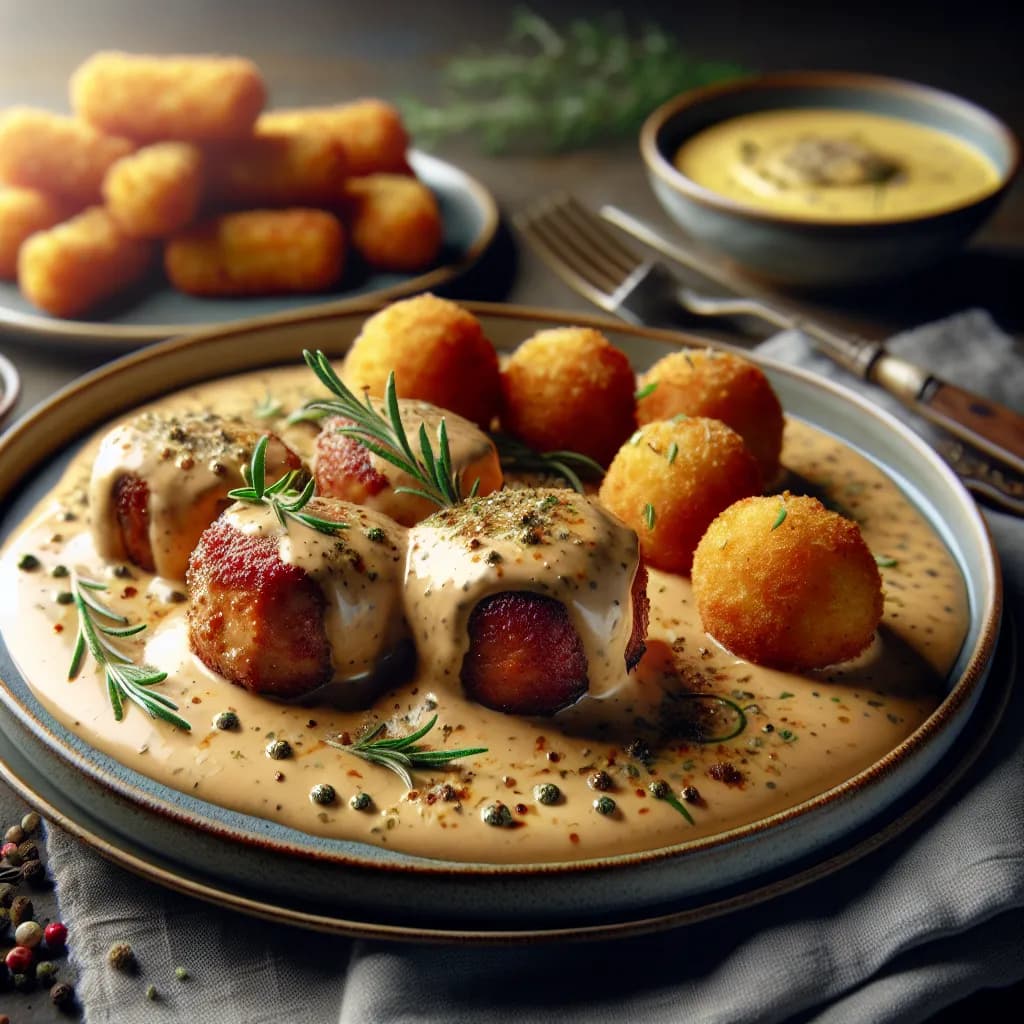 Schweinsmedaillons mit Pfefferrahmsauce und Kroketten