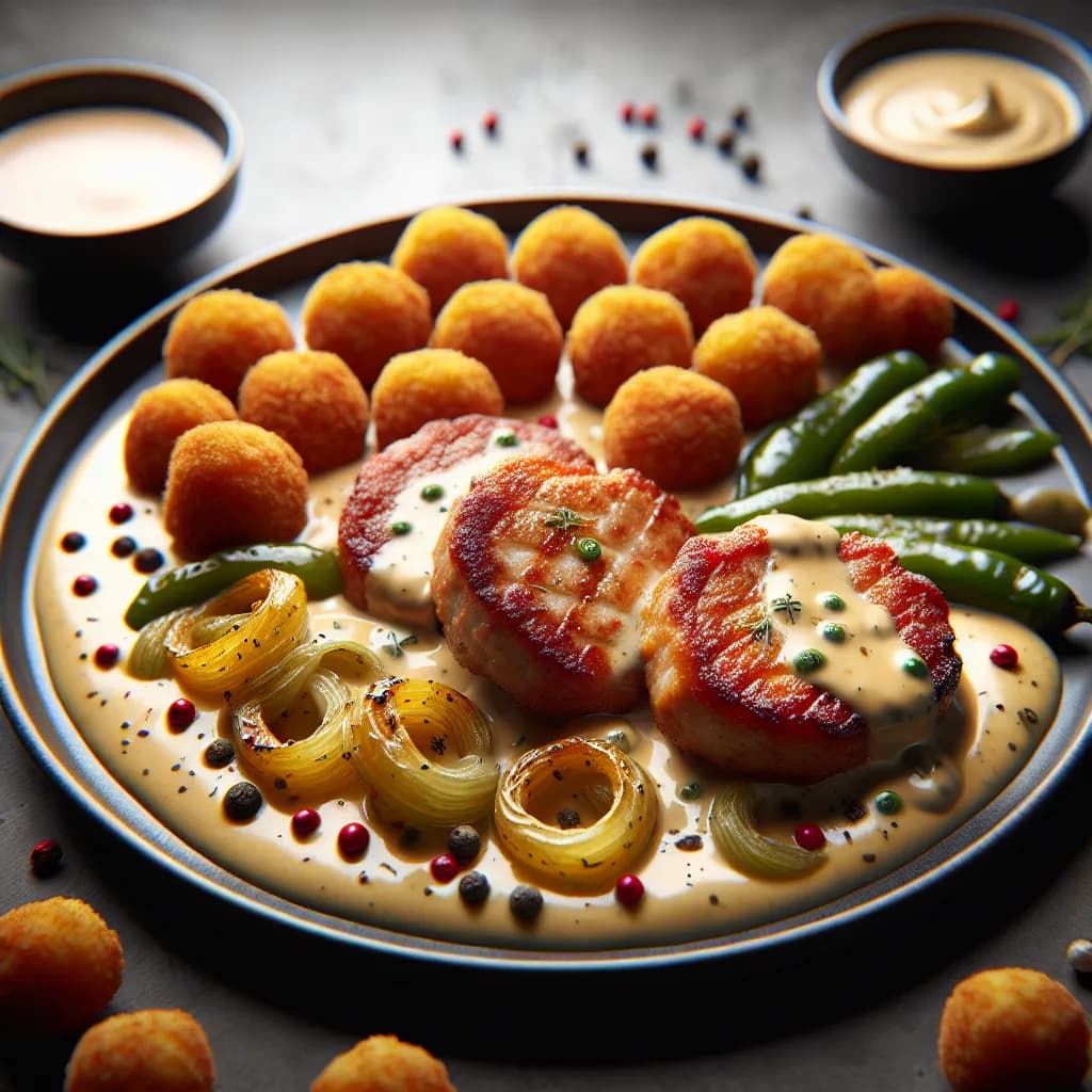 Schweinsmedaillons mit Zwiebel-Pfefferrahmsauce und Kroketten