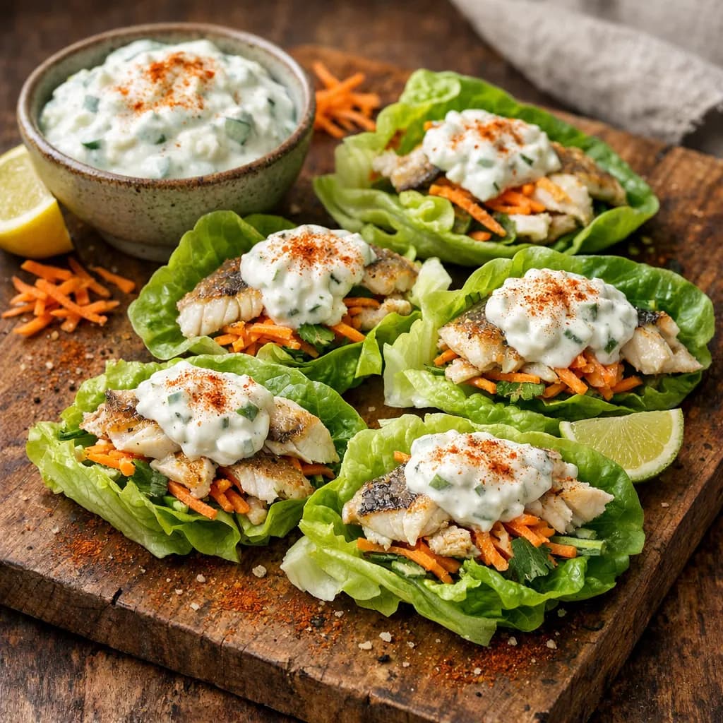 Seabass Lettuce Wraps with Carrot and Yoghurt Dip