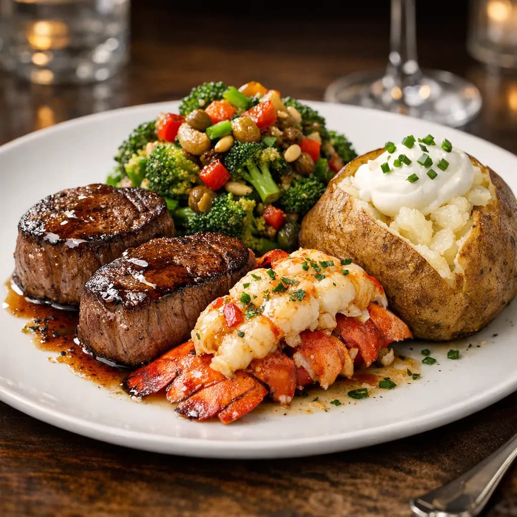 Seared Steak Medallions & Lobster with Broccoli Caponata and Light Baked Potato