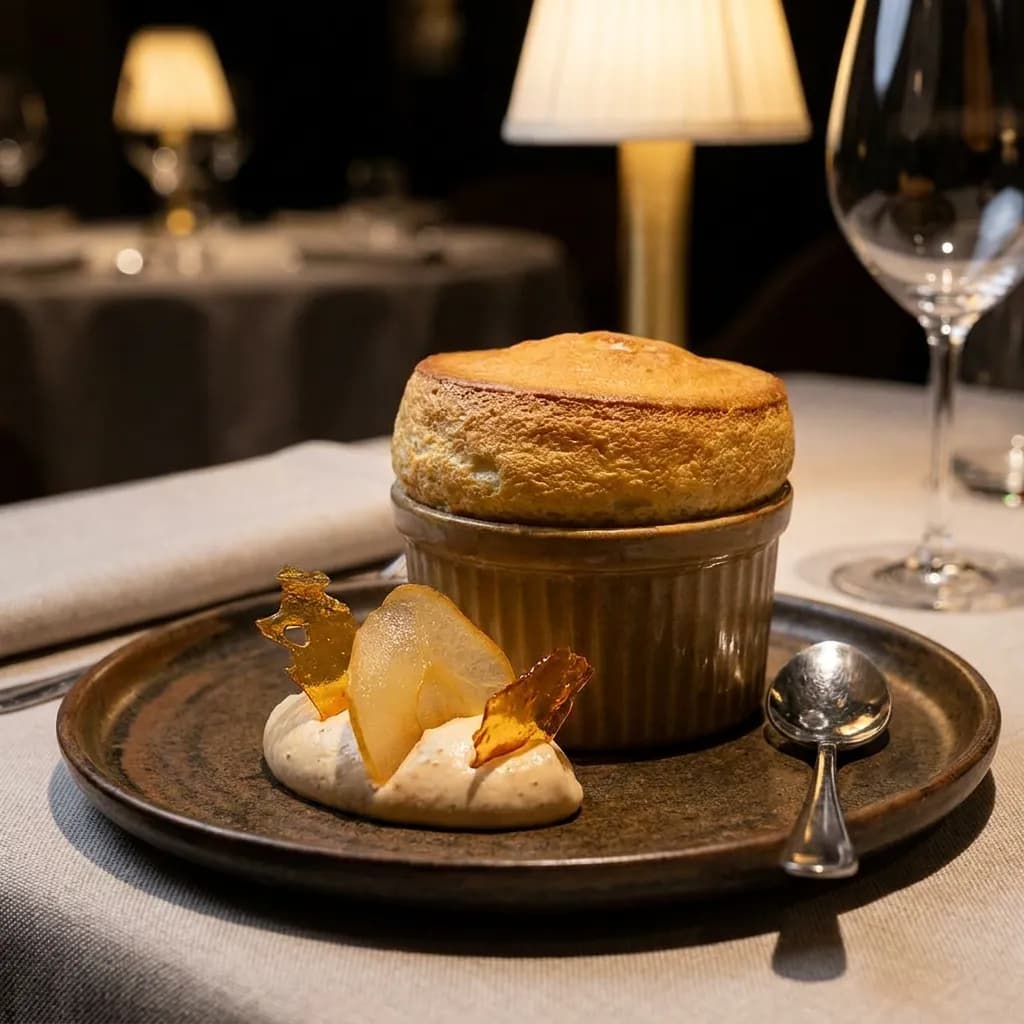Sherry-Poached Pear Soufflé with Almond Praline Cream