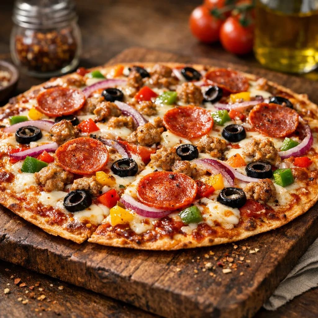Sicilian Extra Crispy Thin Crust Supreme Pizza