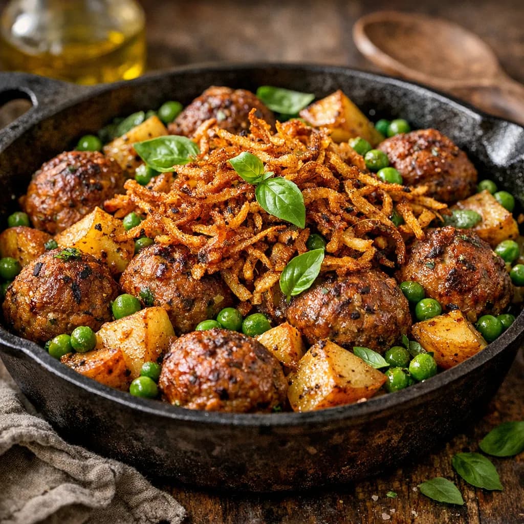 Sicilian Meatball Skillet with Peas, Potatoes, and Spicy Fried Onions