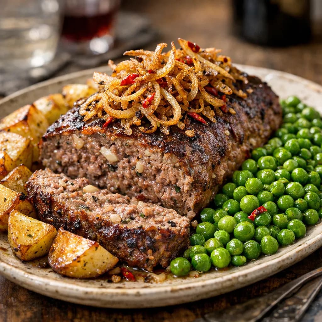 Sicilian No Breadcrumb Meatloaf with Peas, Potatoes, and Fried Angry Onions