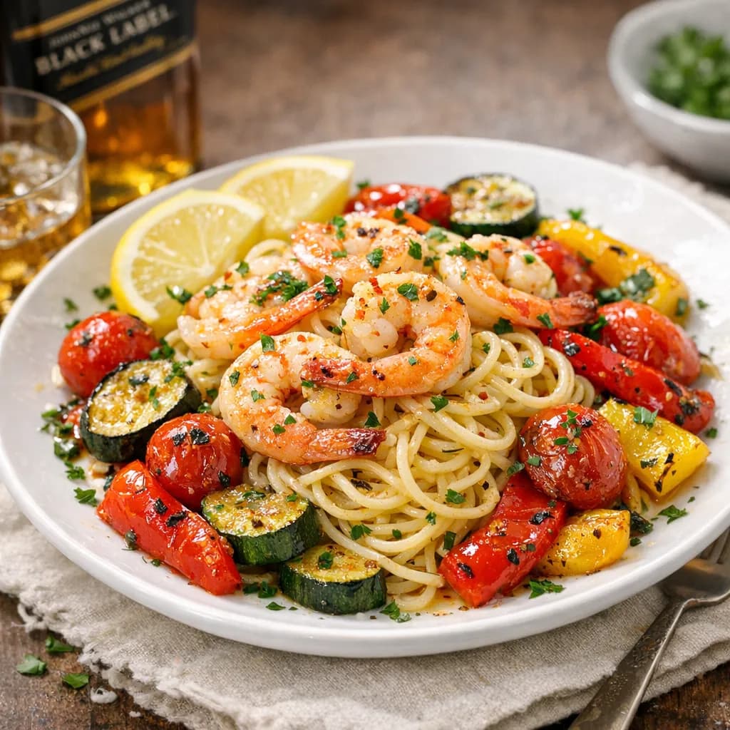 Sicilian Shrimp Scampi with Black Label and Roasted Vegetables