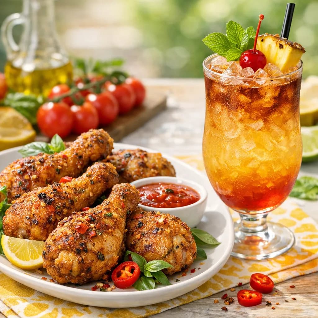 Sicilian Spicy Chicken Drumsticks with Mai-Tai Softdrink