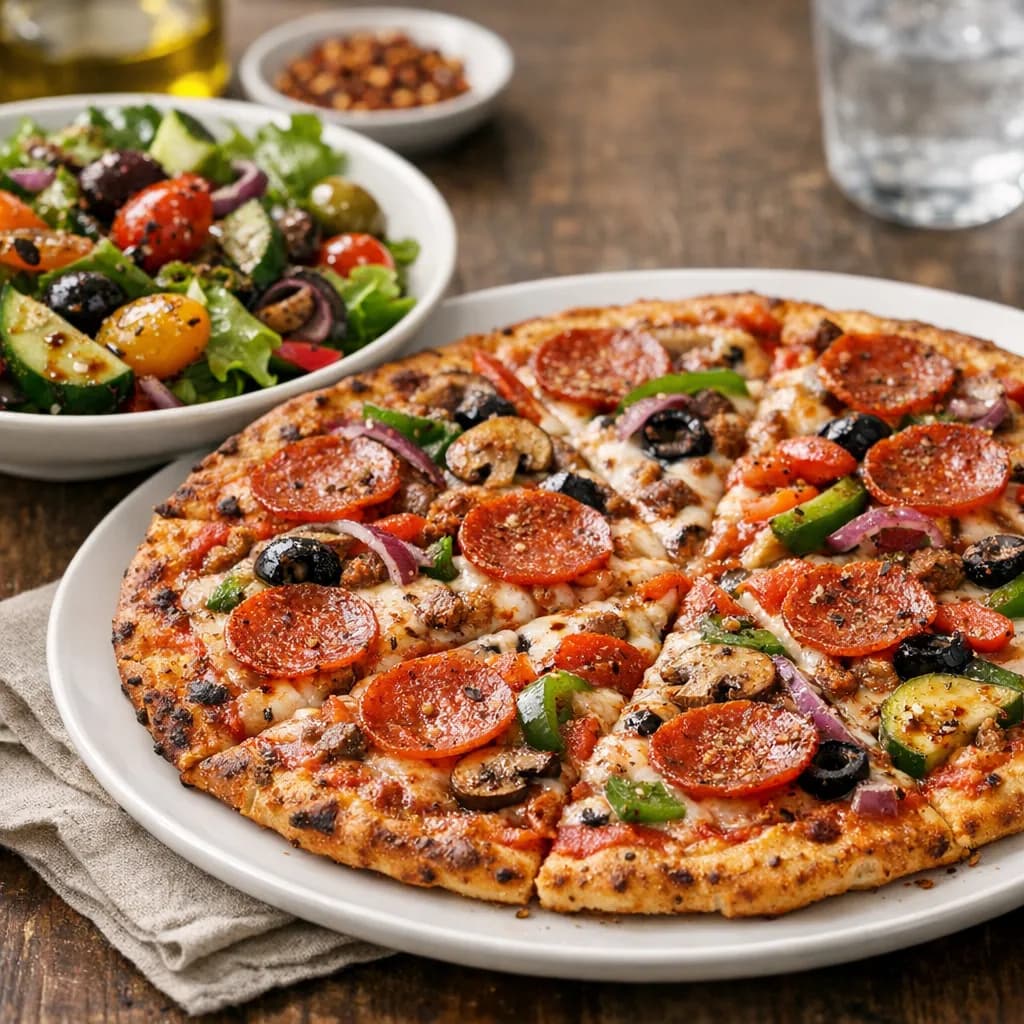 Sicilian Thin Crust Supreme Pizza with Spicy Veggie Side Salad