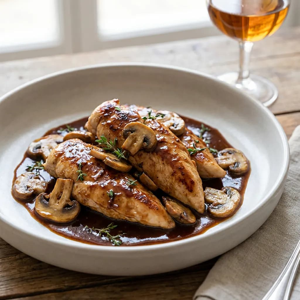 Solomillo de pollo al Pedro Ximénez con champiñones