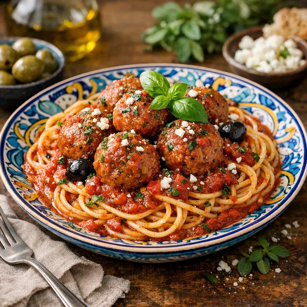 Spaghetti à la tomate et boulettes de viande façon méditerranéenne